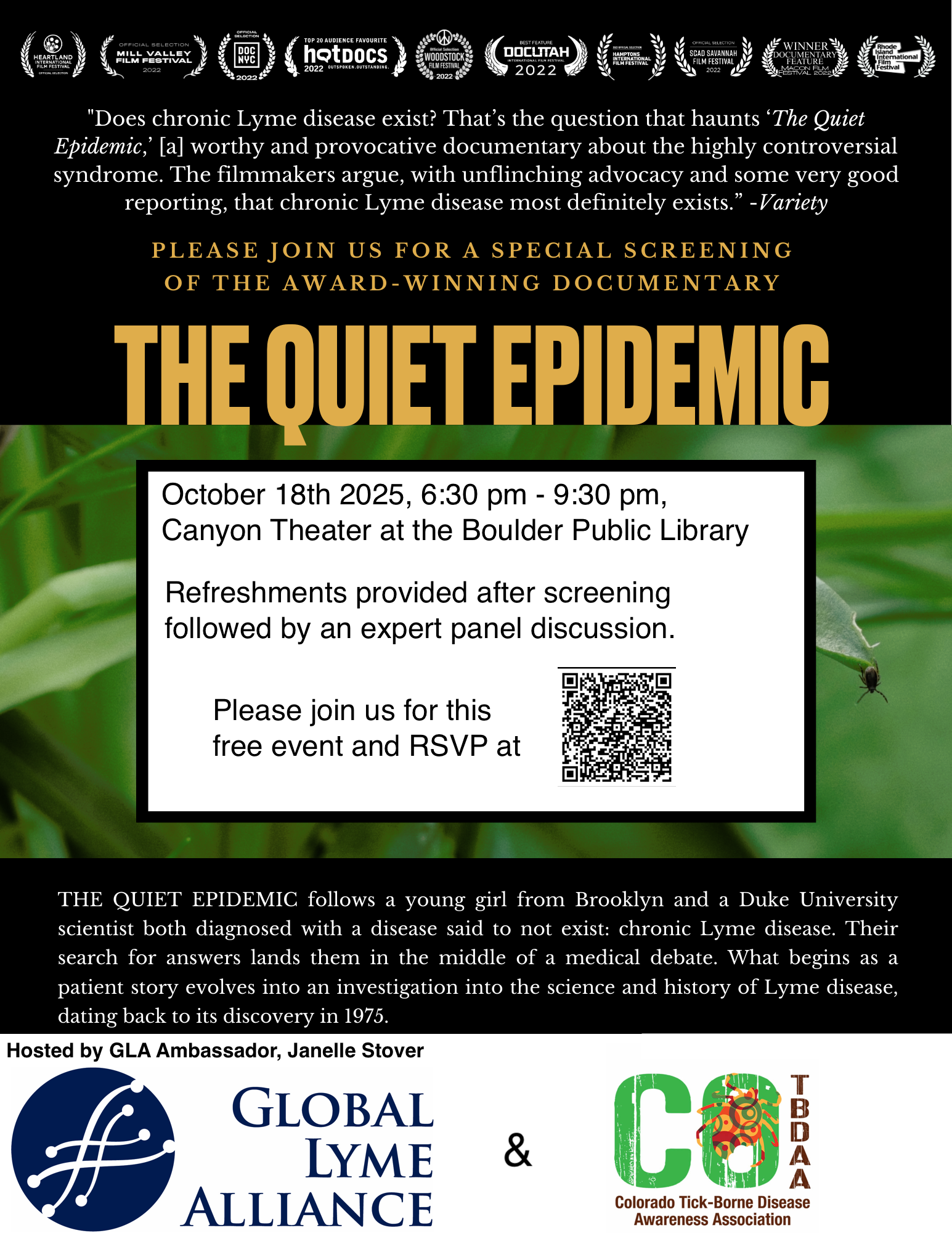 Flyer for The Quiet Epidemic Screening, Boulder, CO on October 18th