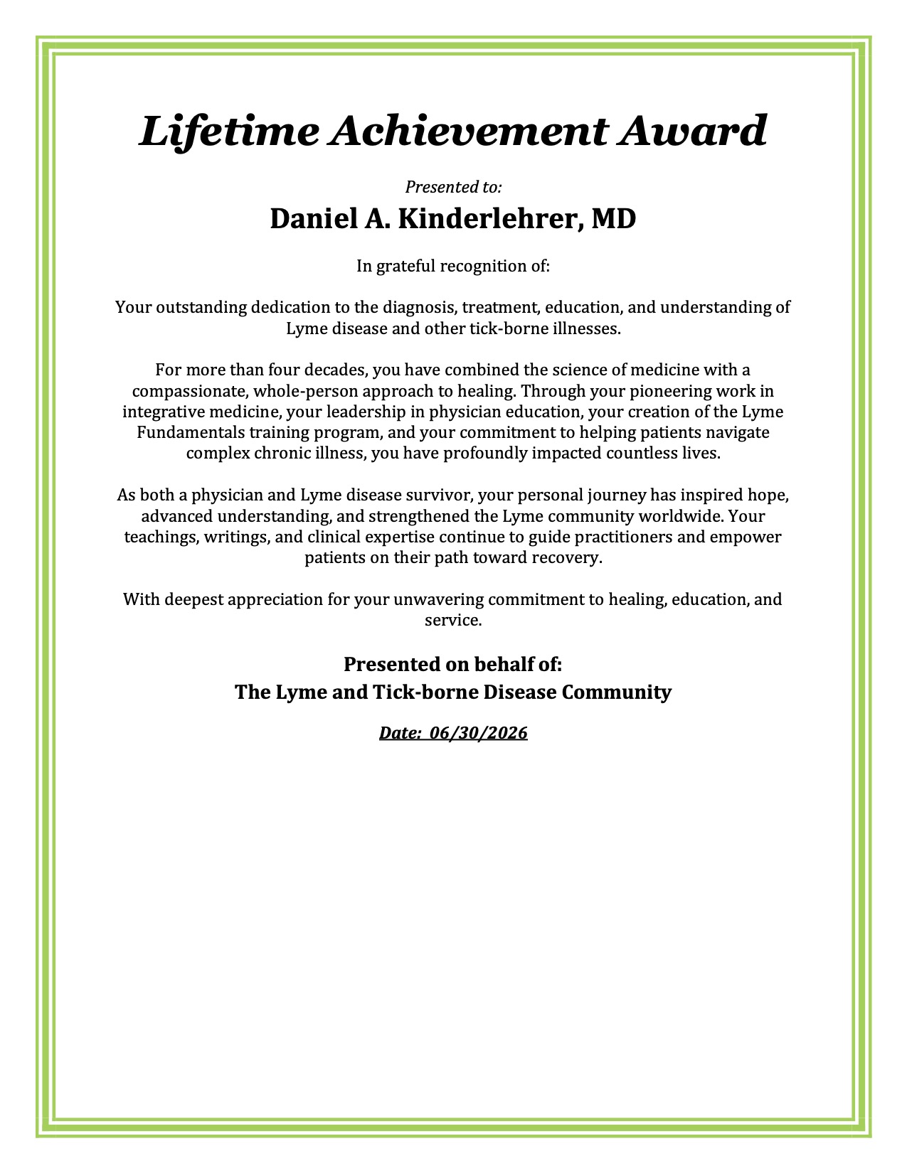 Dr. Kinderlehrer Lifetime Achievement Award